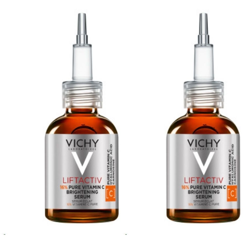 Twee serumflacons. Opschrift: Vichy Liftactiv, 16% pure vitamine C, serum. Met applicator.
