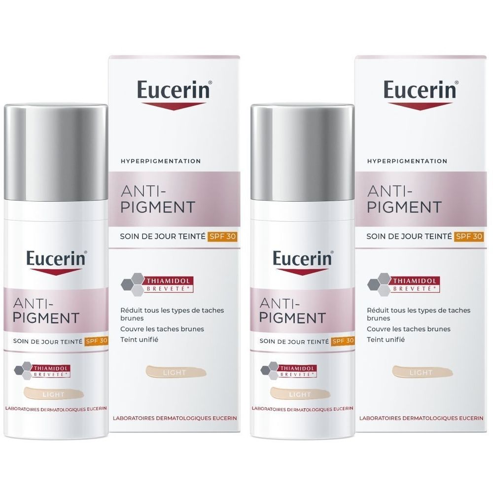 Eucerin Anti-Pigment Soin de Jour Teinté SPF30 Light. Quatre flacons et emballages. Nom du produit et SPF30 visibles.