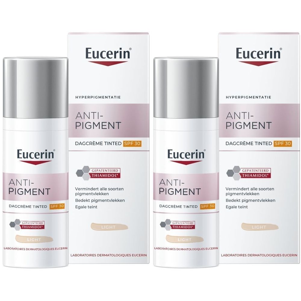 Eucerin Anti-Pigment Dagcrème Tinted SPF30 Light. Quatre flacons et emballages. Nom du produit et SPF30 visibles.
