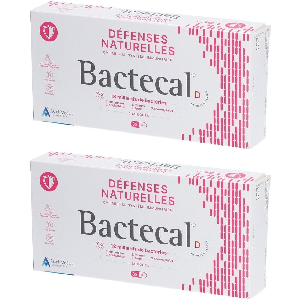 Deux boîtes blanches avec l'inscription "DÉFENSES NATURELLES" et "Bactecal D". Inscription "18 milliards de bactéries".