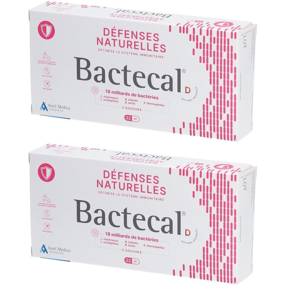 Deux boîtes de Bactecal D contenant 18 milliards de bactéries pour le système immunitaire.