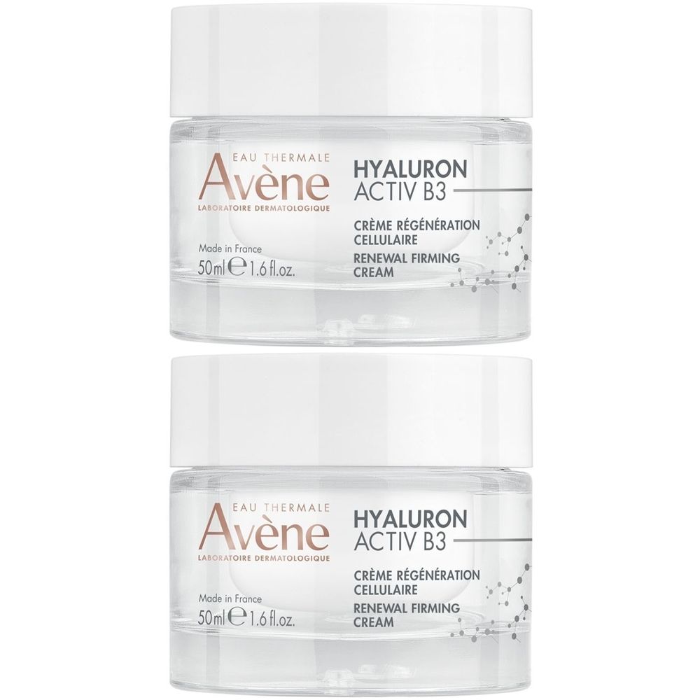 Twee crèmepotten, witte deksel, transparante pot. Opschrift: Avène Hyaluron Activ B3 Crème régénération cellulaire.