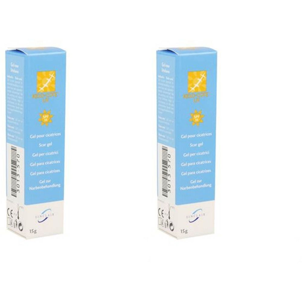 Deux boîtes bleues avec informations produit et logo filtre UV. Texte multilingue, dont français et néerlandais. Marque Kelo-Cote visible.