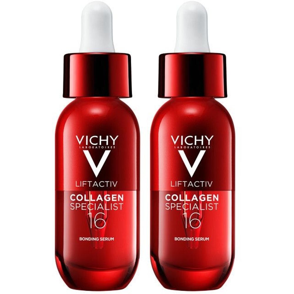 Deux flacons rouges avec bouchon blanc. Chaque flacon porte l'inscription "VICHY LIFTACTIV COLLAGEN SPECIALIST 16 BONDING SERUM".