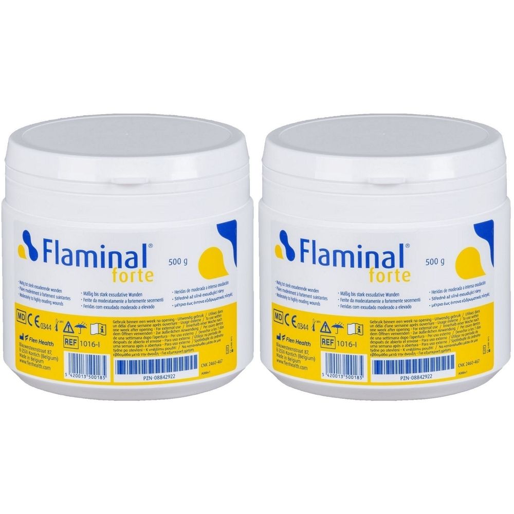 Twee witte potten met deksels. Vooraan staat "Flaminal forte" met gele en blauwe elementen. Sticker met tekst en barcode.