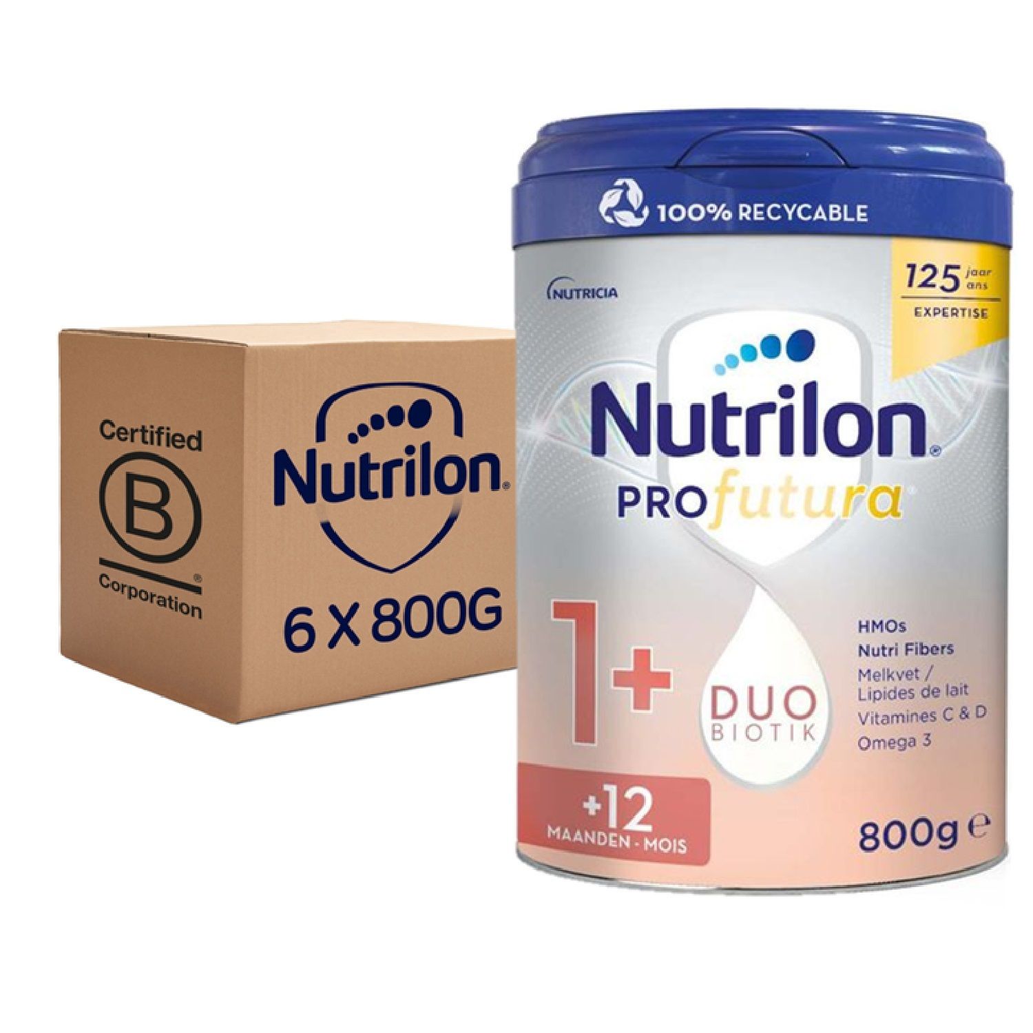Boîte Nutrilon Profutura 1+ et carton de 6. Boîte avec Duo Biotik, 800g. Carton avec logo et inscription 6 x 800G. Certification B Corporation.