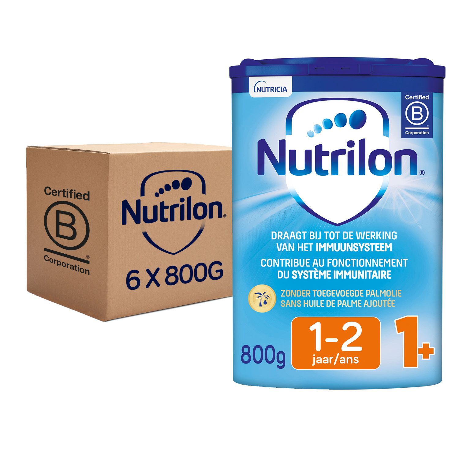 Boîte et carton de lait infantile Nutrilon. La boîte est bleue avec le logo Nutrilon. Le carton porte le logo Nutrilon et le label Certified B Corporation.