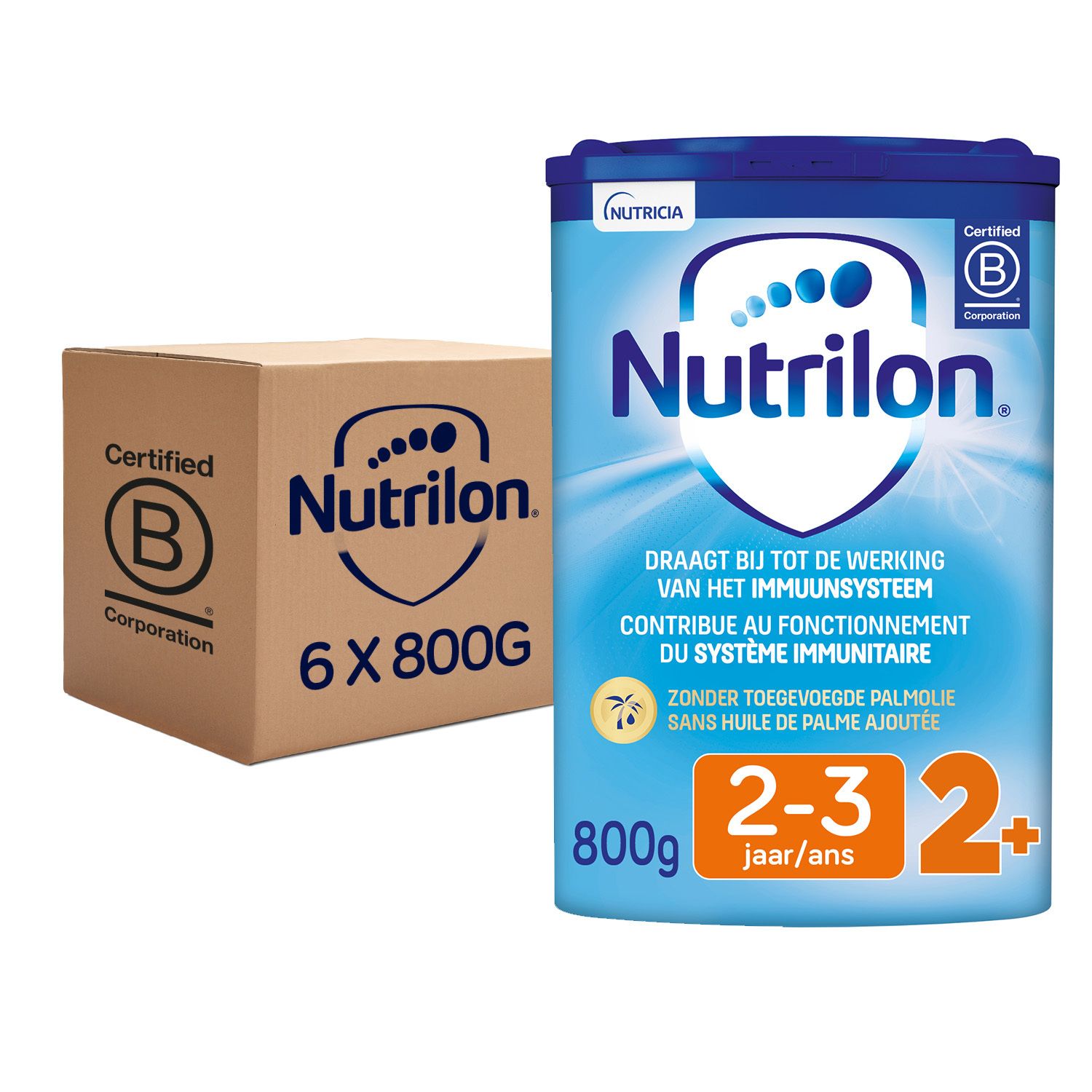 Boîte bleue et carton. La boîte porte le logo "Nutrilon", du texte et "2+". Le carton affiche le logo "Nutrilon" et "6 x 800G".