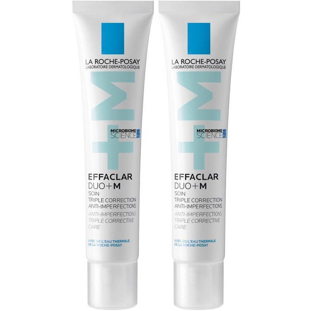 Deux tubes de La Roche-Posay Effaclar Duo+M. Tubes blancs avec accents bleus et texte. Produit anti-imperfections.