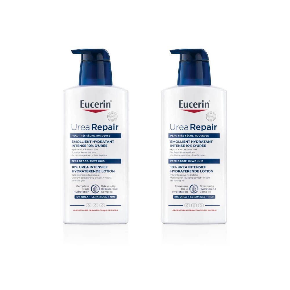 Twee flessen Eucerin UreaRepair lotion. Witte flessen met blauwe pomp. Productnaam en logo duidelijk zichtbaar.