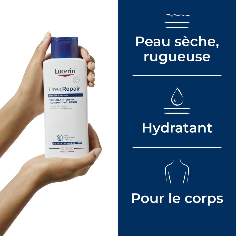 Une main tenant un flacon de lotion Eucerin UreaRepair PLUS.