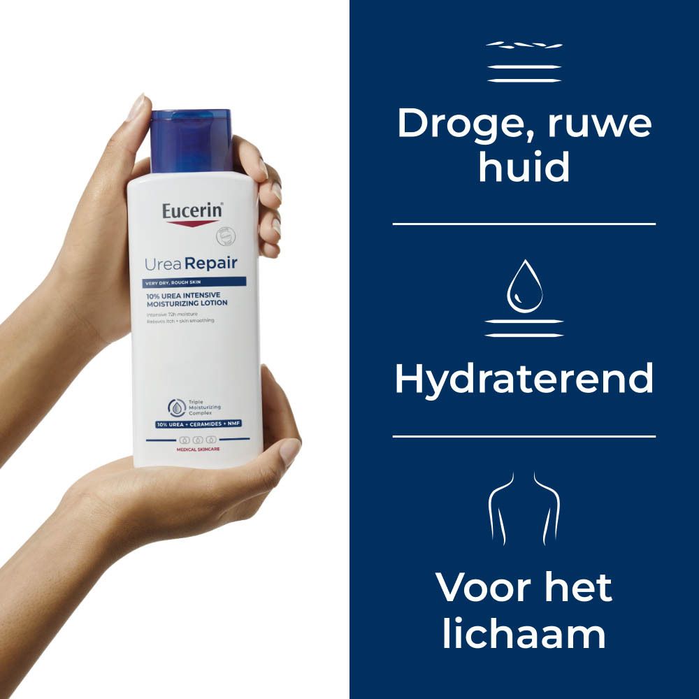 Een hand houdt een Eucerin UreaRepair PLUS lotionfles vast.