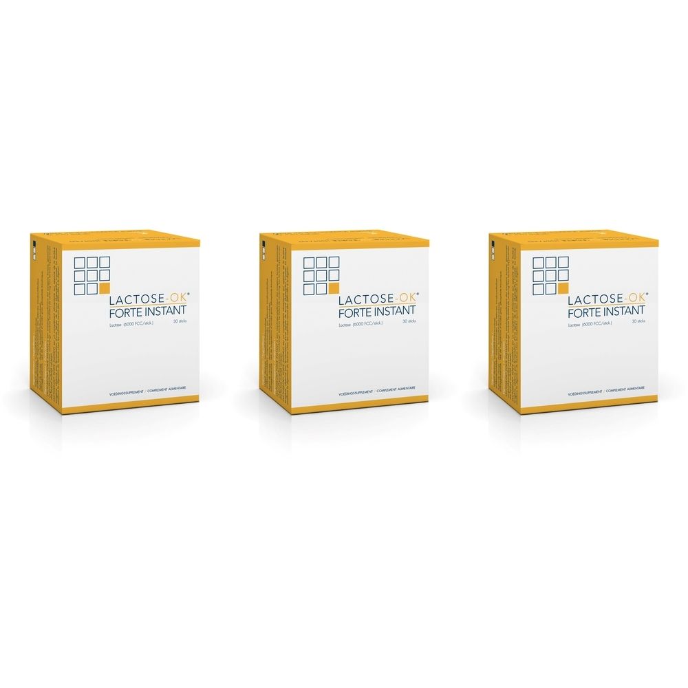 Trois boîtes portant l'inscription "LACTOSE OK FORTE INSTANT". Les emballages sont blancs avec des accents jaunes.