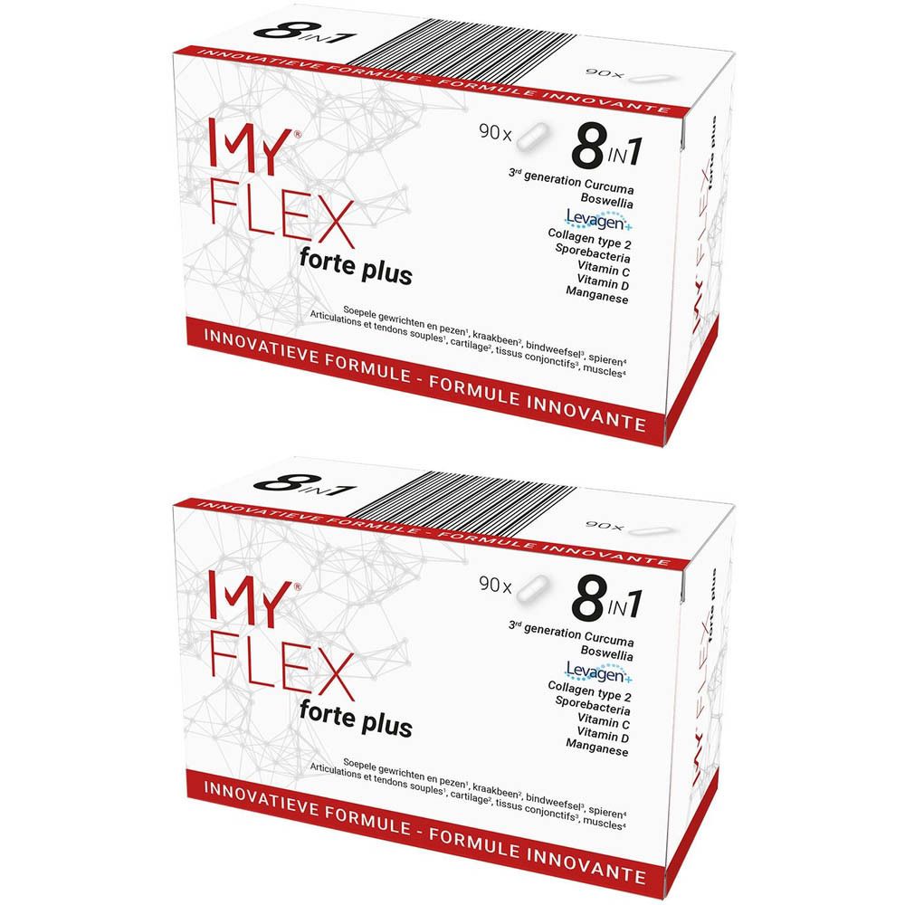 Deux boîtes de My Flex Forte Plus. Emballage blanc avec texte rouge et noir. Contient 90 gélules et 8 ingrédients.