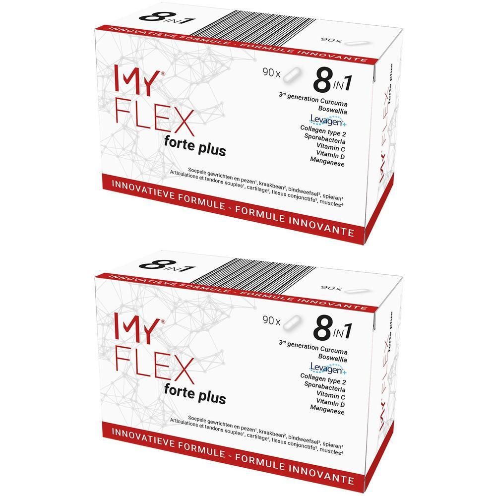Twee dozen My Flex Forte Plus. Witte verpakking met rode en zwarte tekst. Bevat 90 capsules.