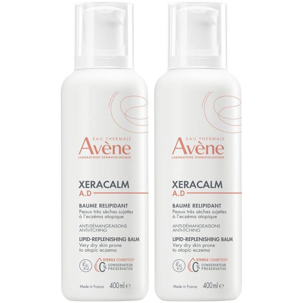 Deux flacons blancs avec pompe. Inscriptions : "Avène XeraCalm A.D", "Baume relipidant" et autres informations.