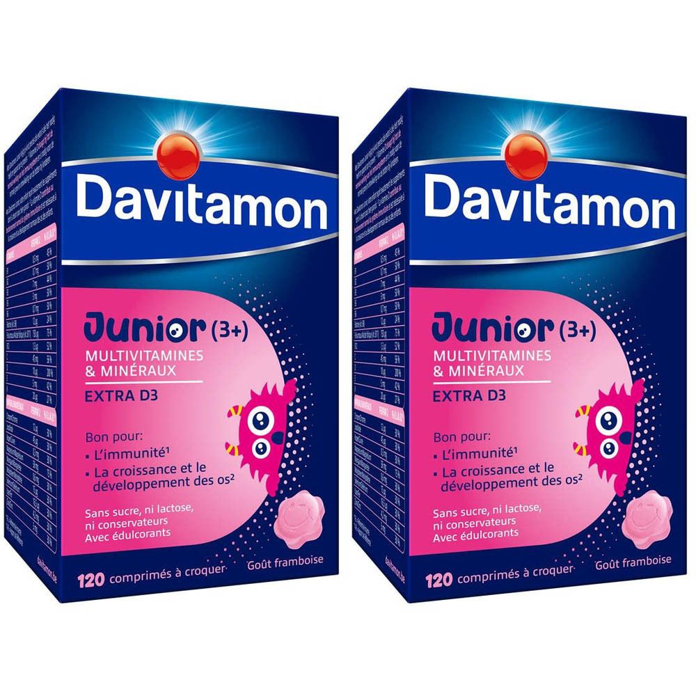 Boîte Davitamon Junior (3+) Multivitamines. Inscriptions, illustrations roses. 120 comprimés à croquer, goût framboise.