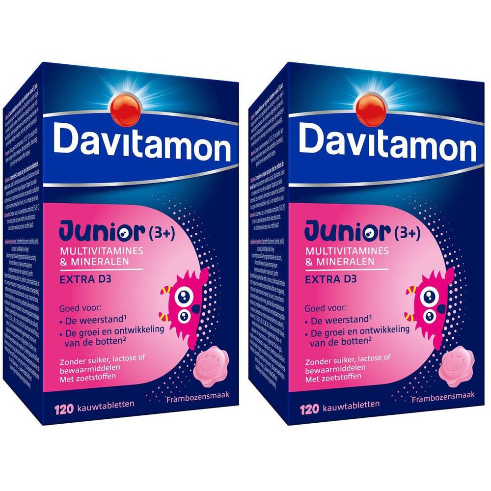 Davitamon Junior (3+) Multivitamine doos. Blauwe verpakking met roze illustraties. 120 kauwtabletten, frambozensmaak.