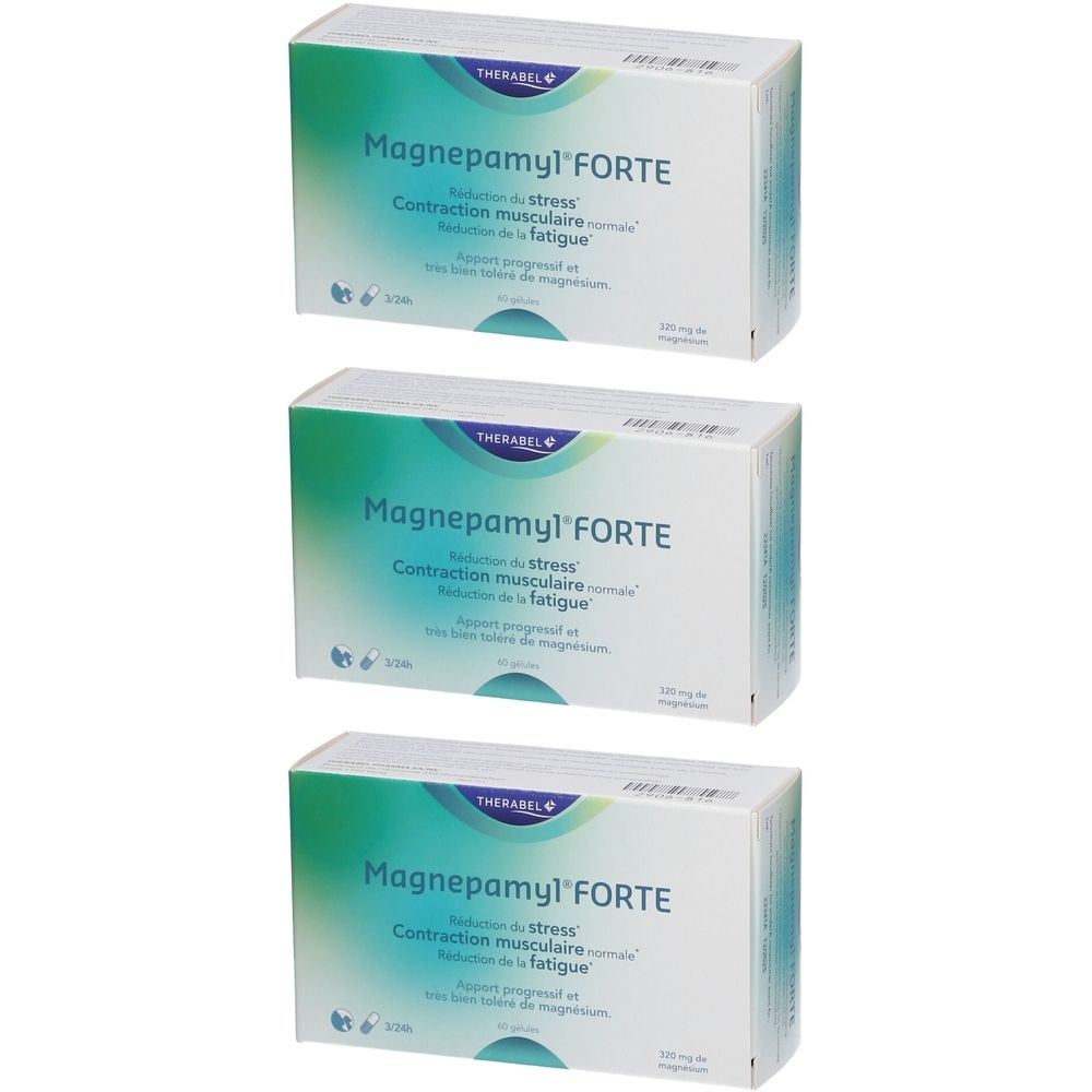 Drie dozen Magnepamyl Forte. Witte verpakking met groene en blauwe accenten. Tekst: Vermindering van stress, spiercontracties en vermoeidheid.