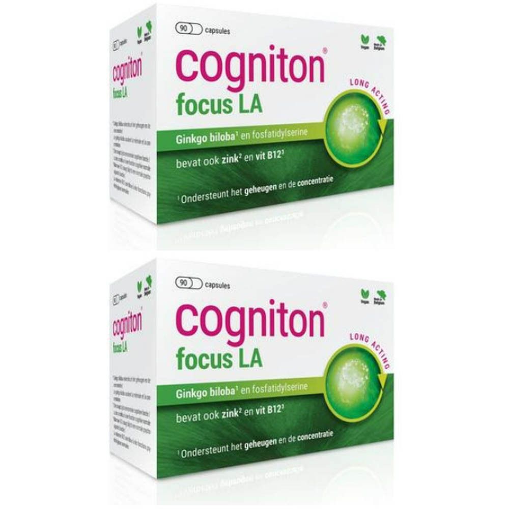 Twee dozen Cogniton Focus LA. Opschrift: Ginkgo biloba, zink en vitamine B12. Groen-witte verpakking met capsulesymbool.