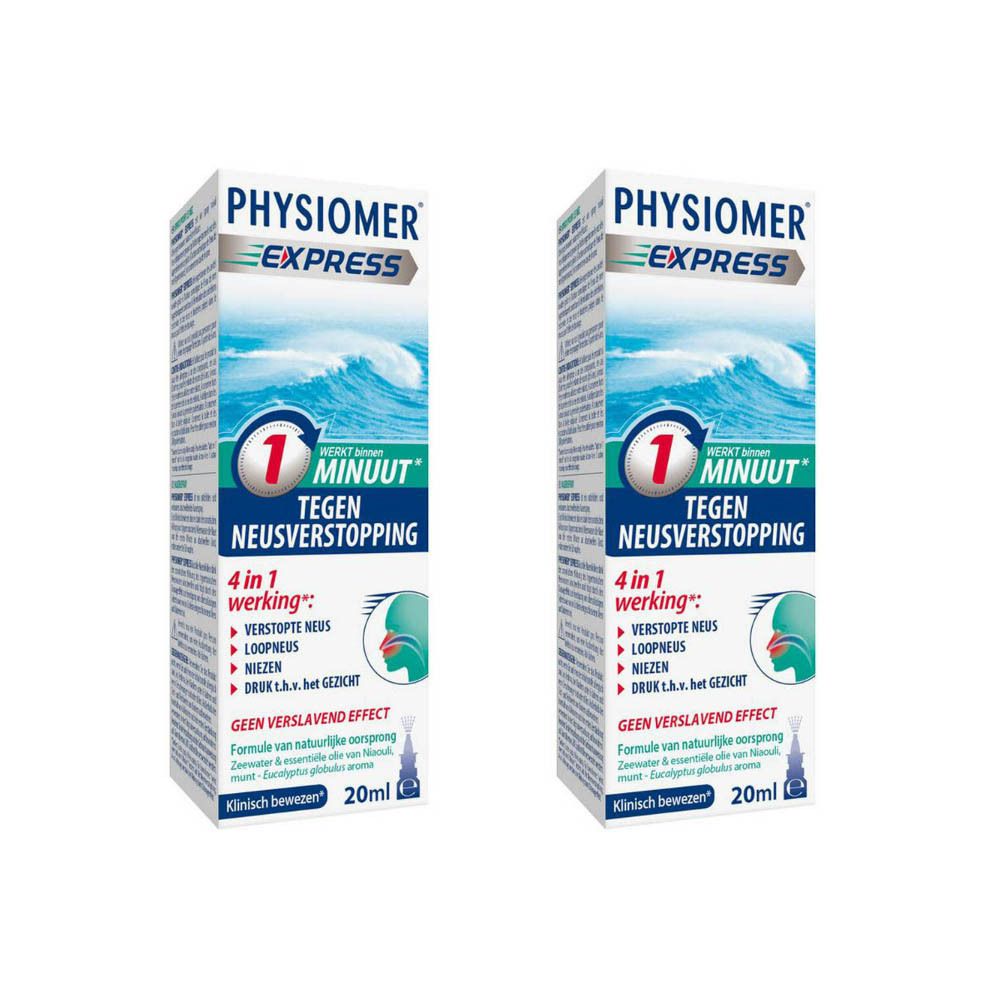 Twee verpakkingen Physiomer Express Spray. Witte dozen met blauwe golfillustratie en productinformatie. 20ml.