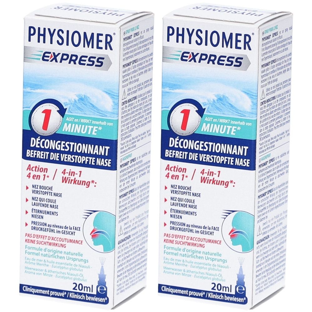 Twee dozen Physiomer Express. Blauw-witte verpakking met productnaam en tekst. 20ml flessen afgebeeld.