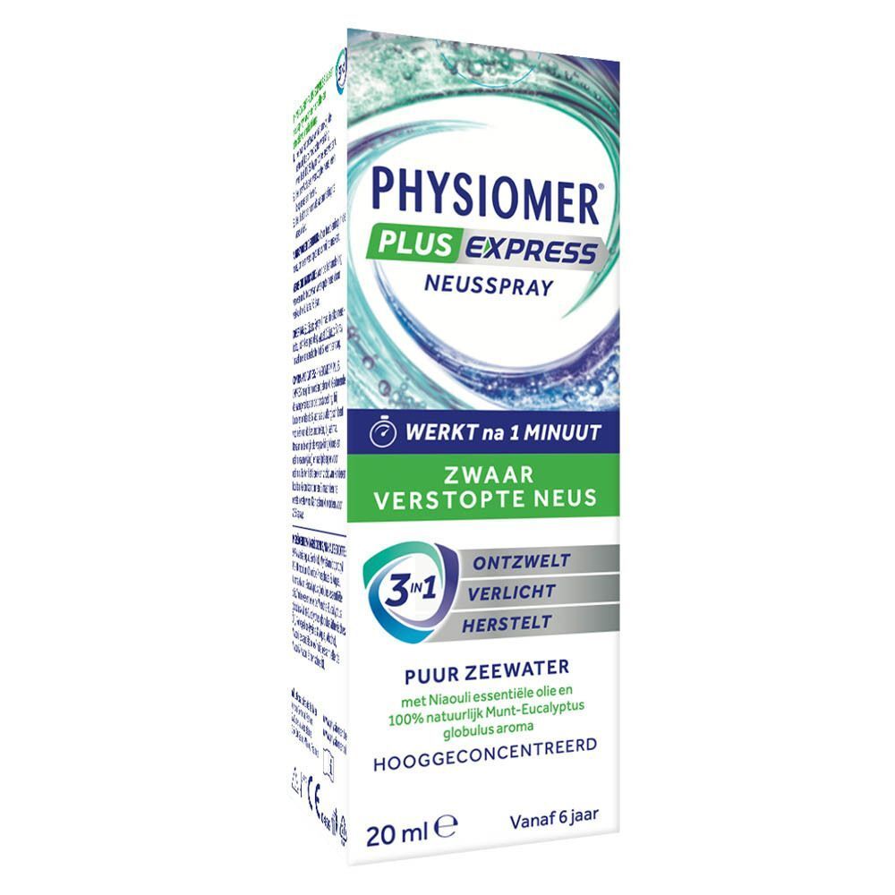 Eén flacon neusspray Physiomer Plus Express, 20 ml, met gedetailleerde productinformatie.