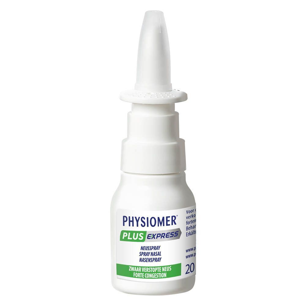 Eén flacon neusspray Physiomer Plus Express, 20 ml.
