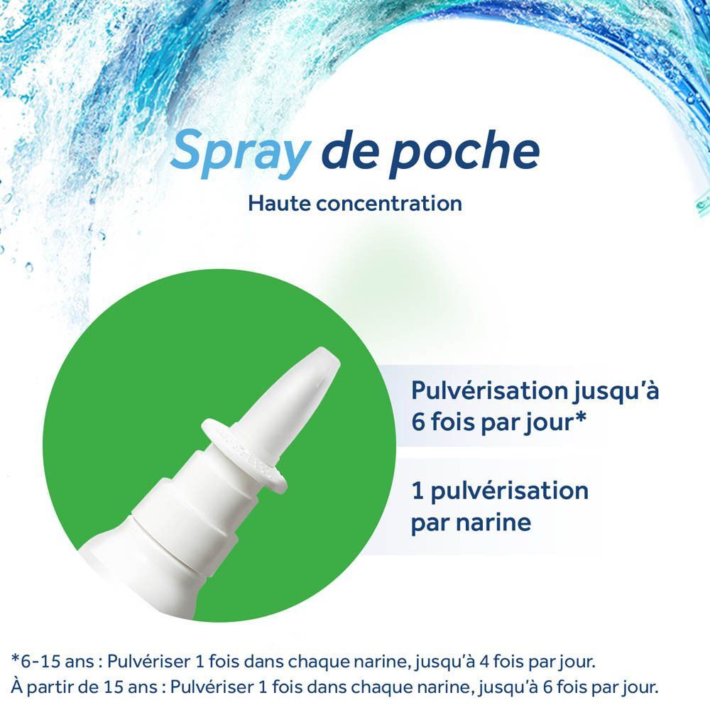 Gros plan de l'embout d'un spray nasal Physiomer Plus Express, avec instructions d'utilisation.