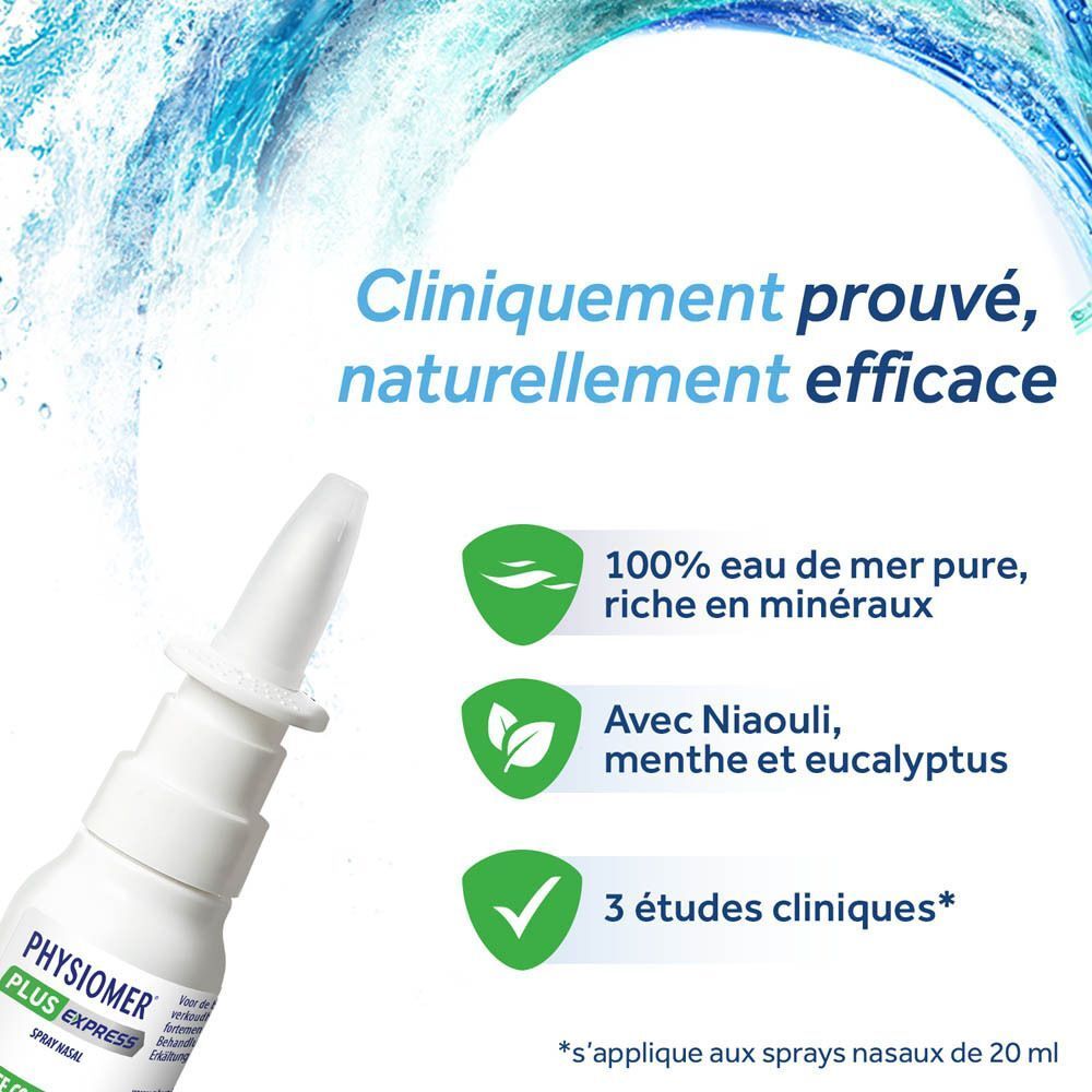 Un flacon de spray nasal Physiomer Plus Express, 20 ml, avec preuves cliniques et ingrédients.