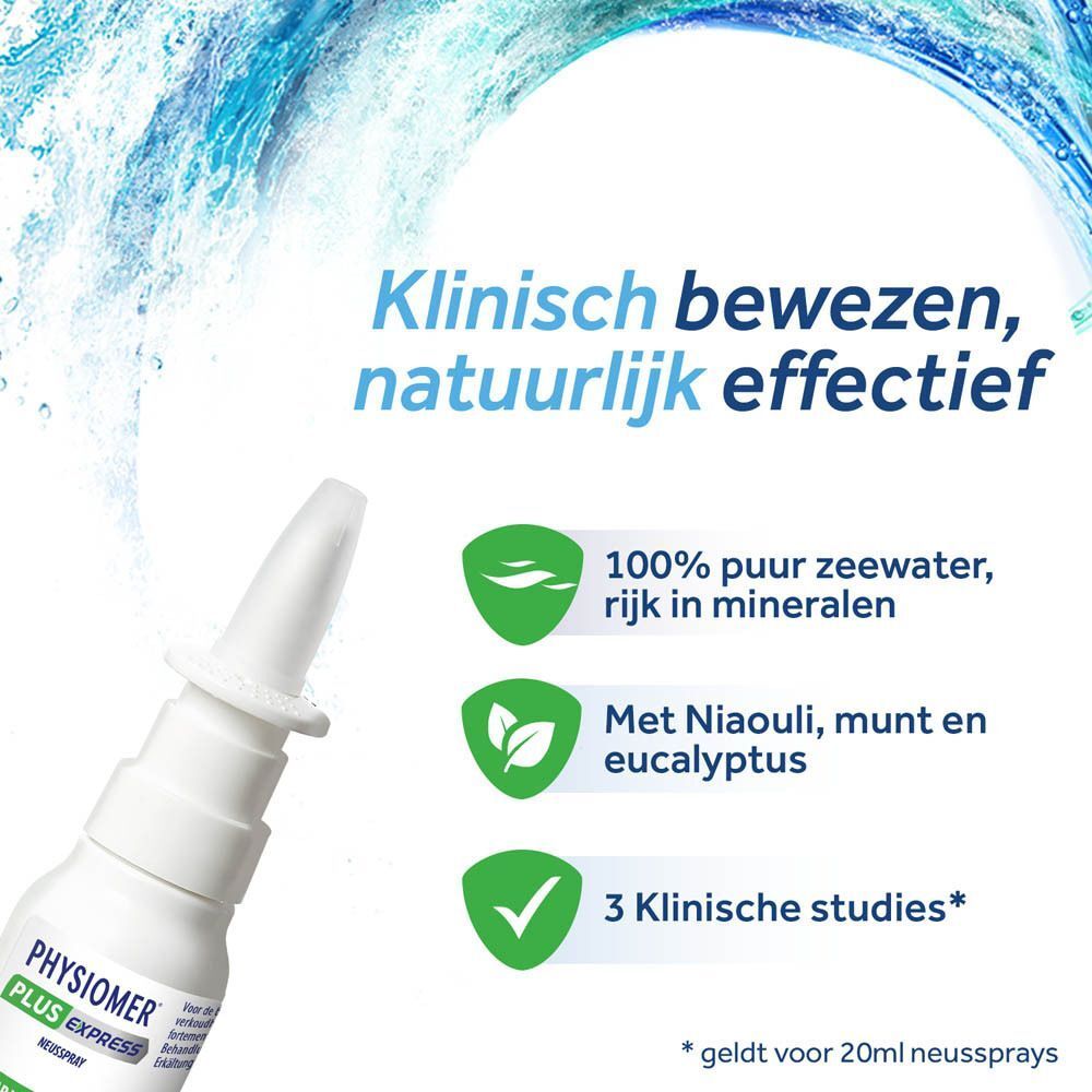 Eén flacon neusspray Physiomer Plus Express, 20 ml, met klinisch bewezen claims en ingrediënten.