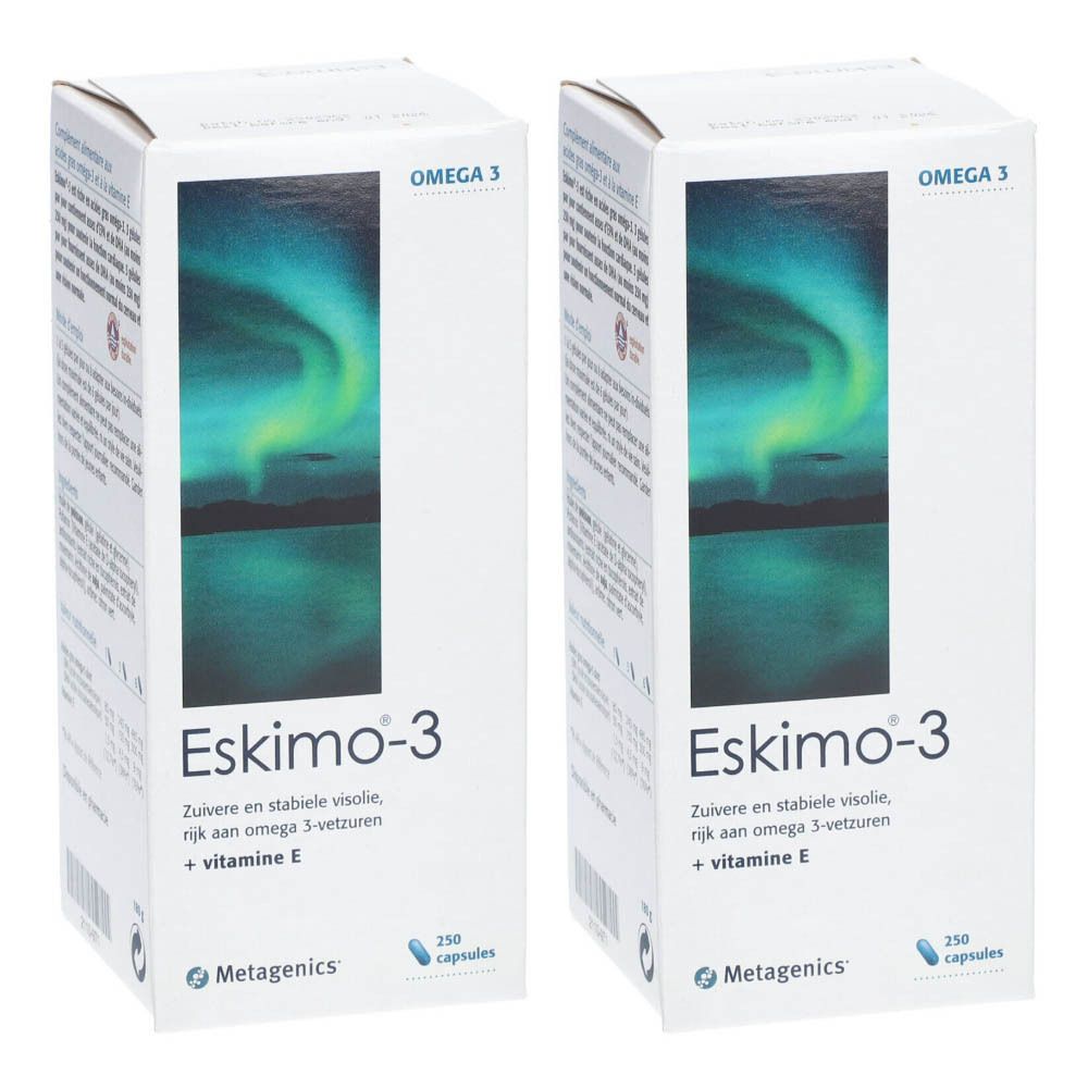 Twee witte dozen met Eskimo-3. Opschrift: Omega 3, 250 capsules, Metagenics. Afbeelding van een landschap met noorderlicht.