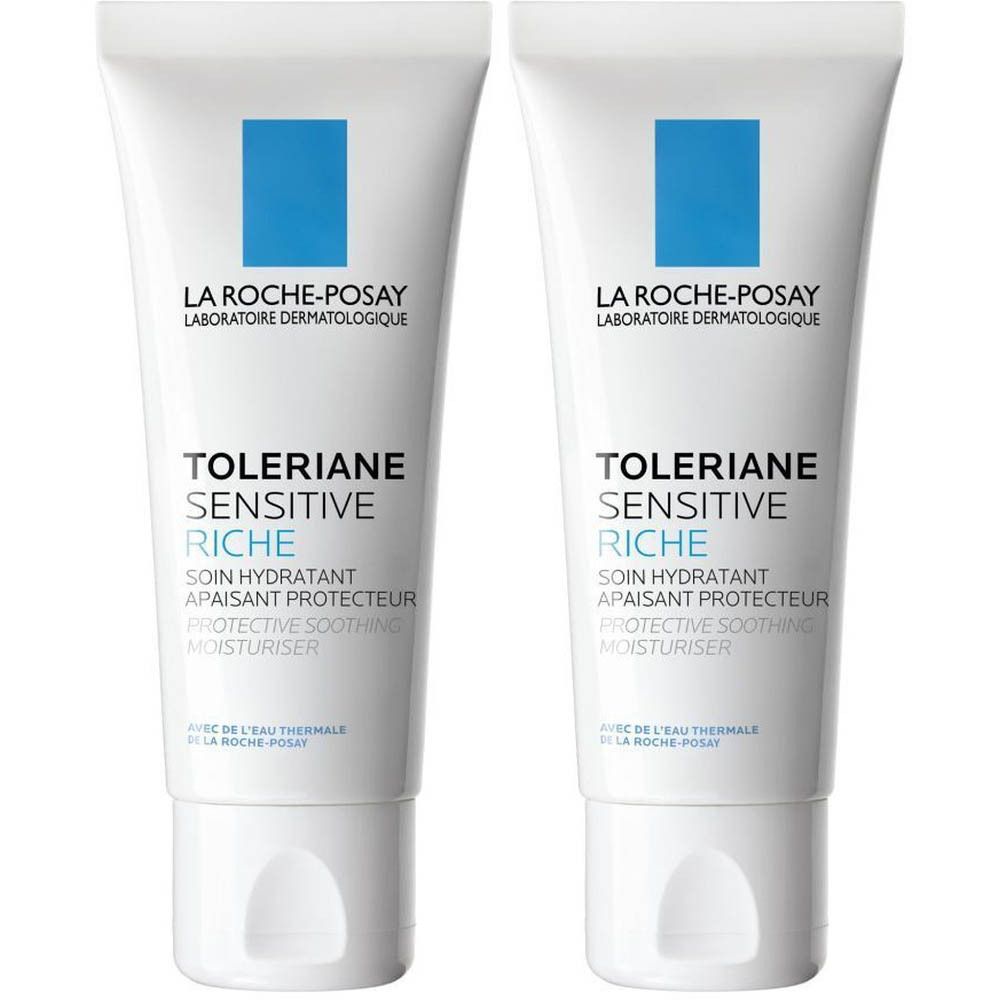Deux tubes de La Roche-Posay Toleriane Sensitive Crème Riche. Tubes blancs avec carré bleu et texte. Nom du produit et description.