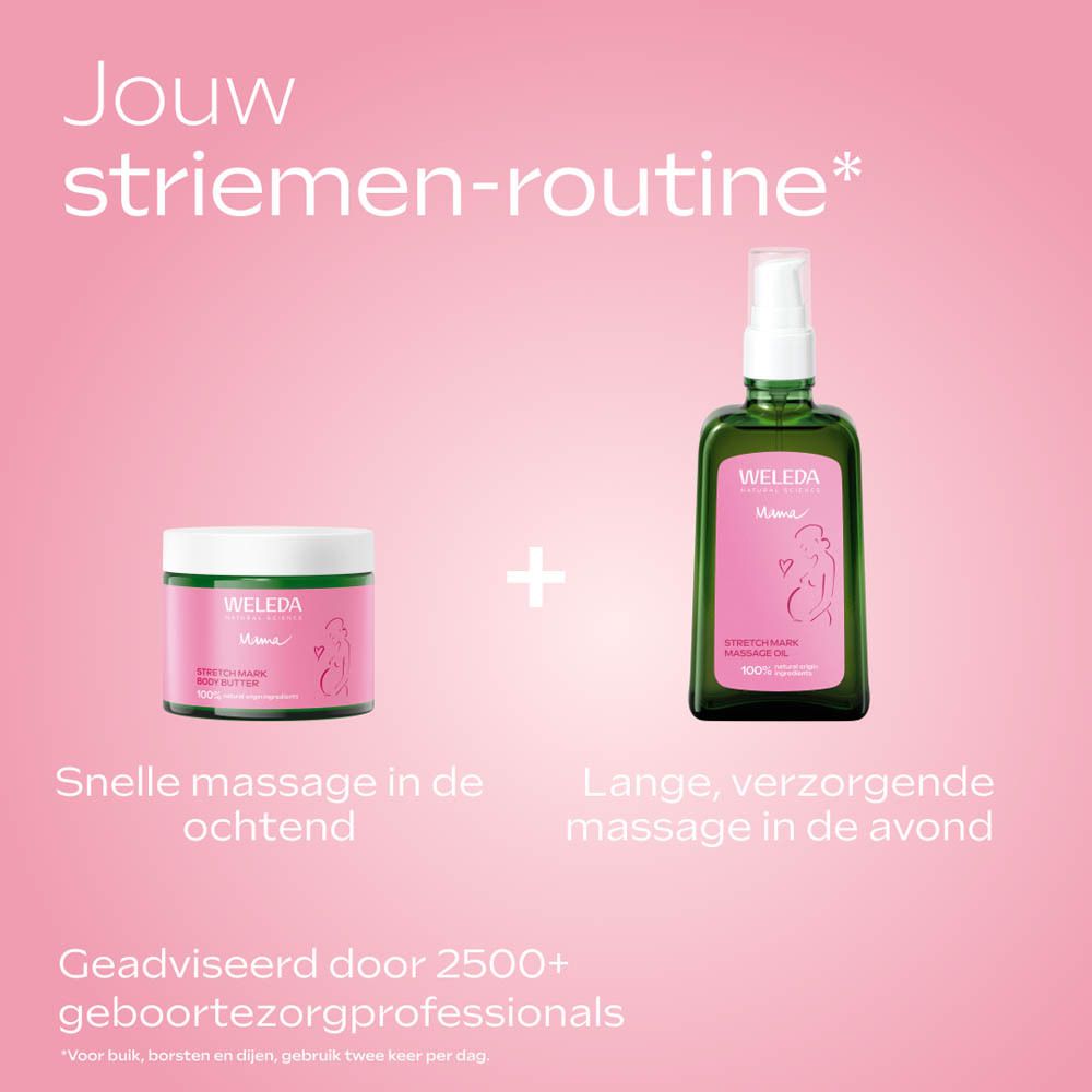 Jouw striemen-routine: Weleda Zwangerschapsolie en een crème. Links 'Snelle massage in de ochtend', rechts 'Lange, verzorgende massage in de avond'.