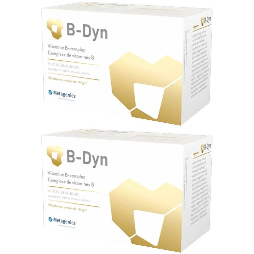 Deux boîtes blanches avec le nom B-Dyn. Inscription : Complexe de vitamines B. Logo doré. Marque Metagenics.