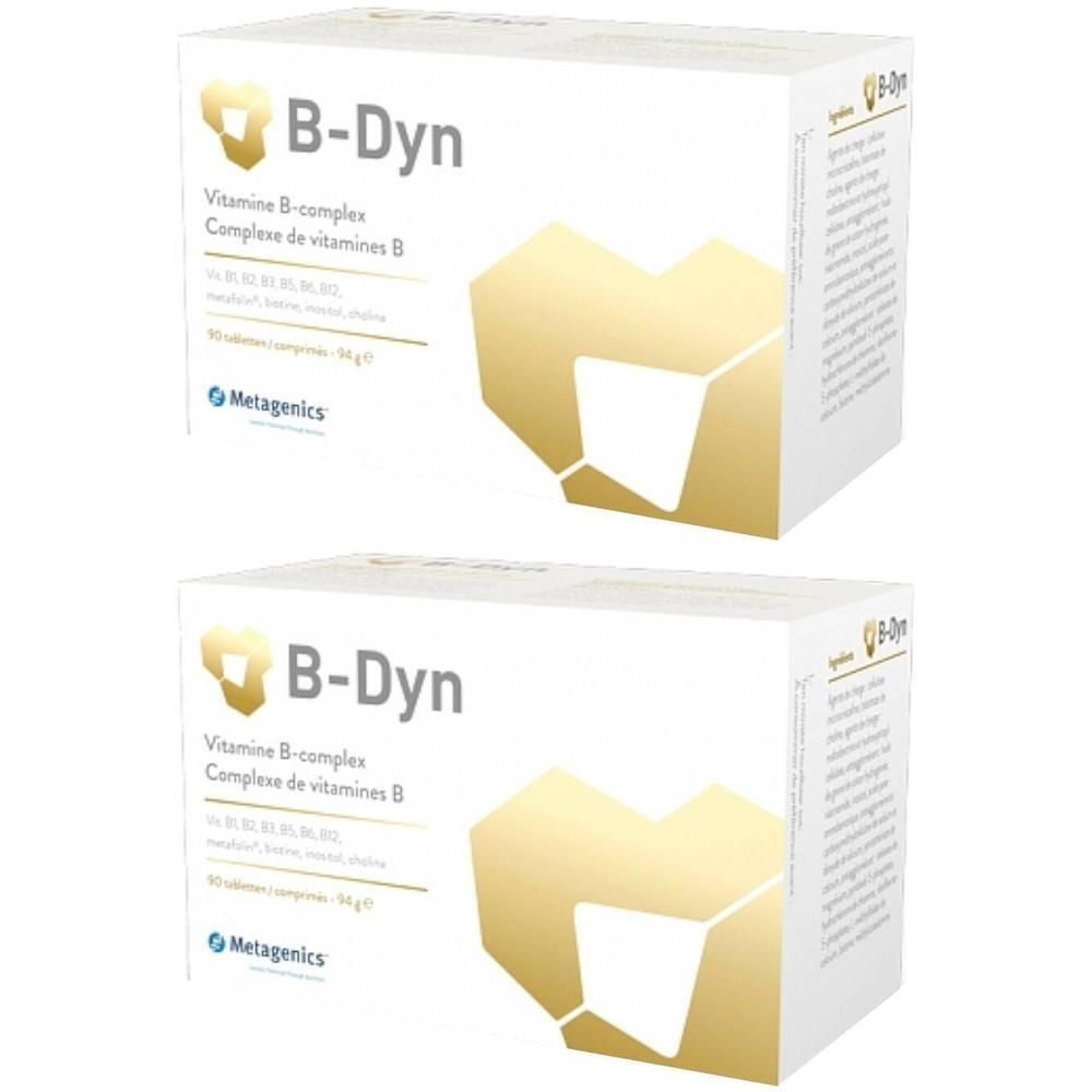 Twee dozen B-Dyn, wit met goudkleurig logo en tekst. Bevat vitamine B-complex. Merk Metagenics.