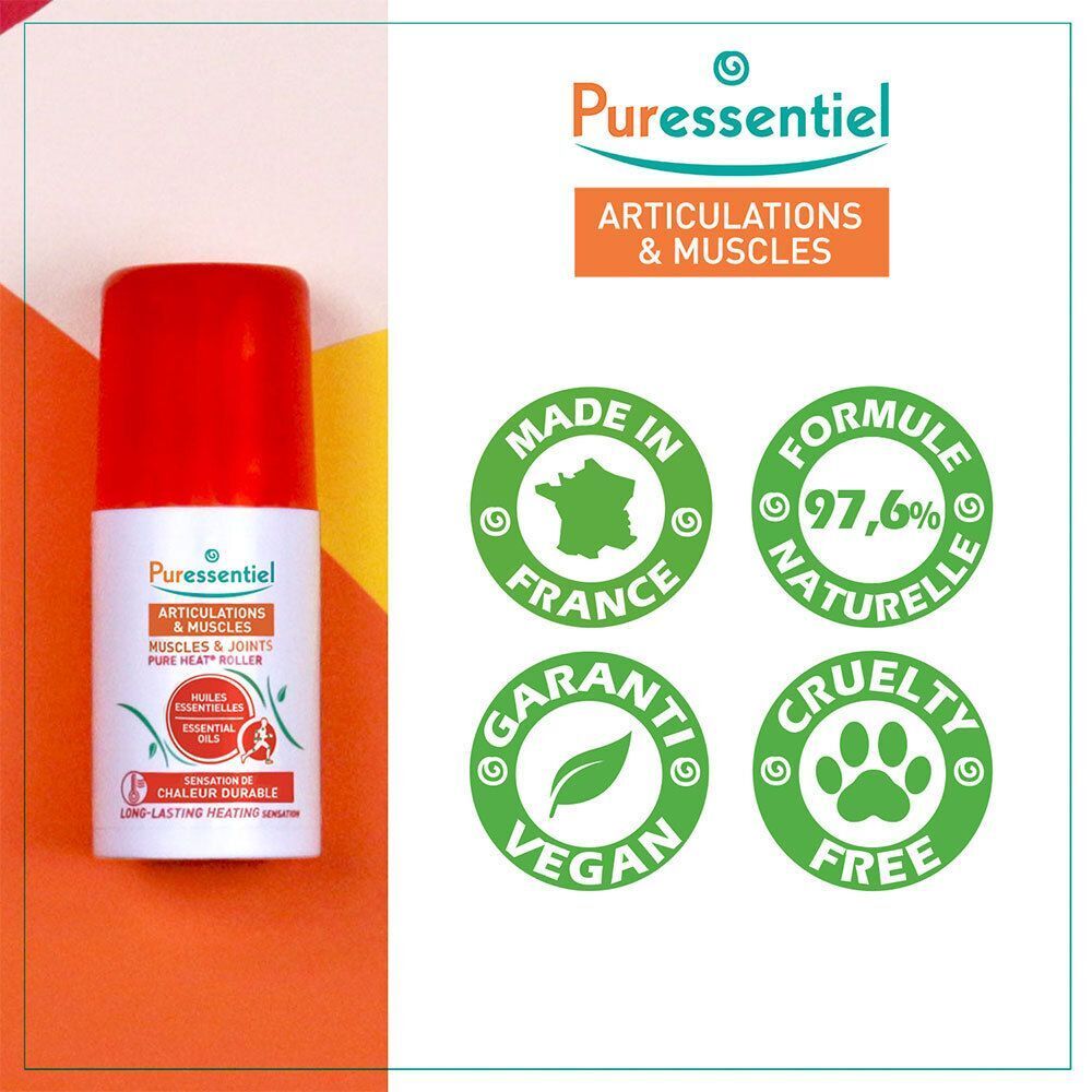 Puressentiel Articulations Pure Heat Roller : Roll-on avec labels vegan, cruelty-free et formule naturelle.