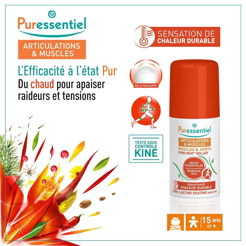 Puressentiel Articulations Pure Heat Roller : Roll-on avec indication chaleur durable et test kiné.