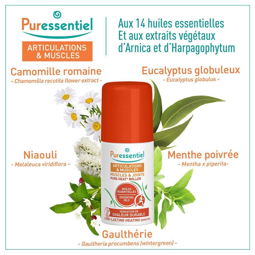 Roller met oranje dop. Opschrift: Articulations & Muscles, Essential Oils. Met planten en kruiden.