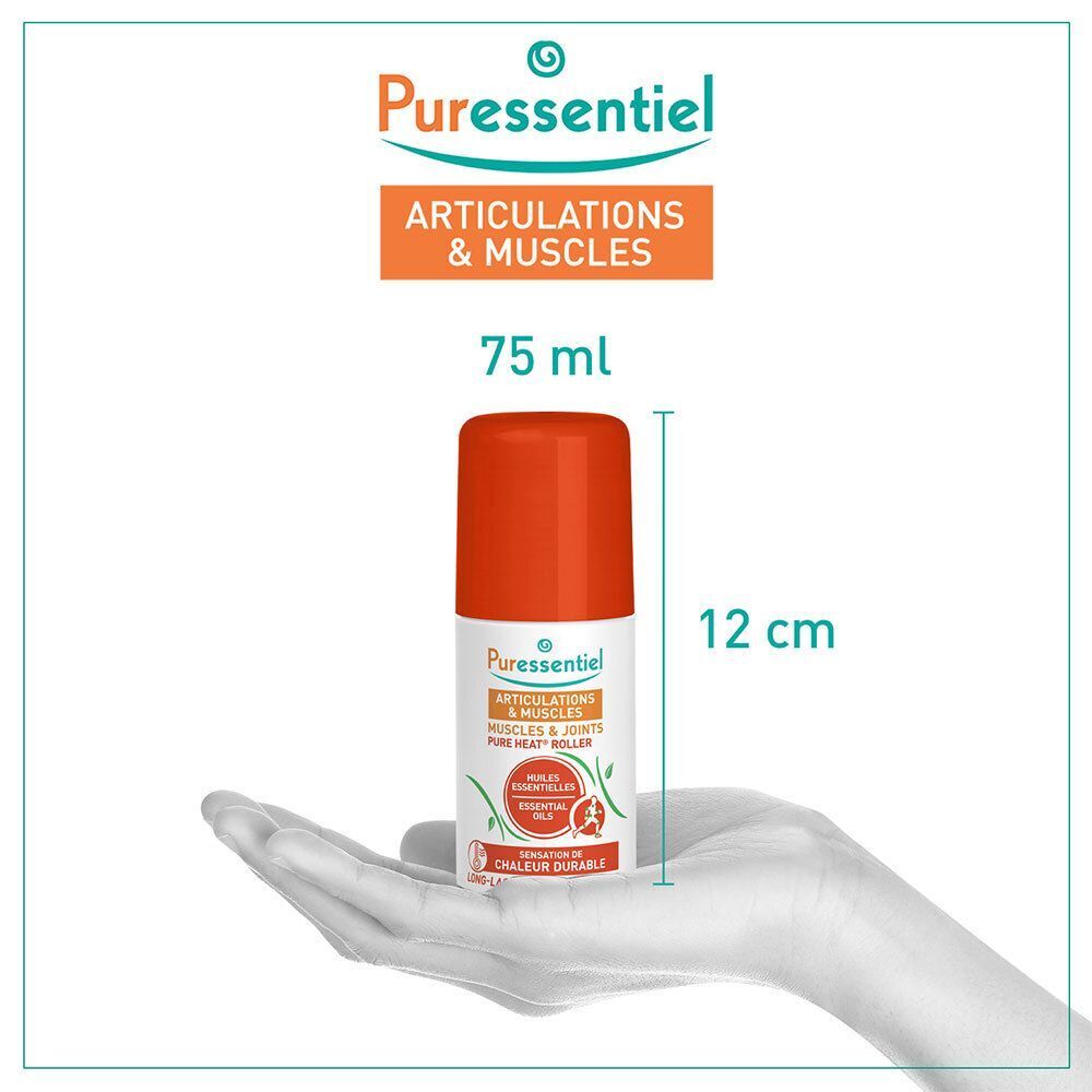 Puressentiel Articulations Pure Heat Roller : Roll-on 75 ml, 12 cm de haut, tenu dans la main.