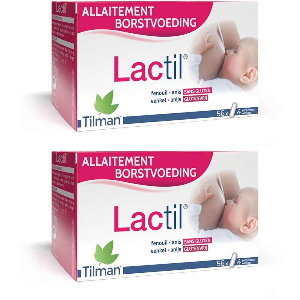 Verpakking van Lactil®. Roze en witte doos met productnaam, illustratie van borstvoeding en baby, tekst in meerdere talen.
