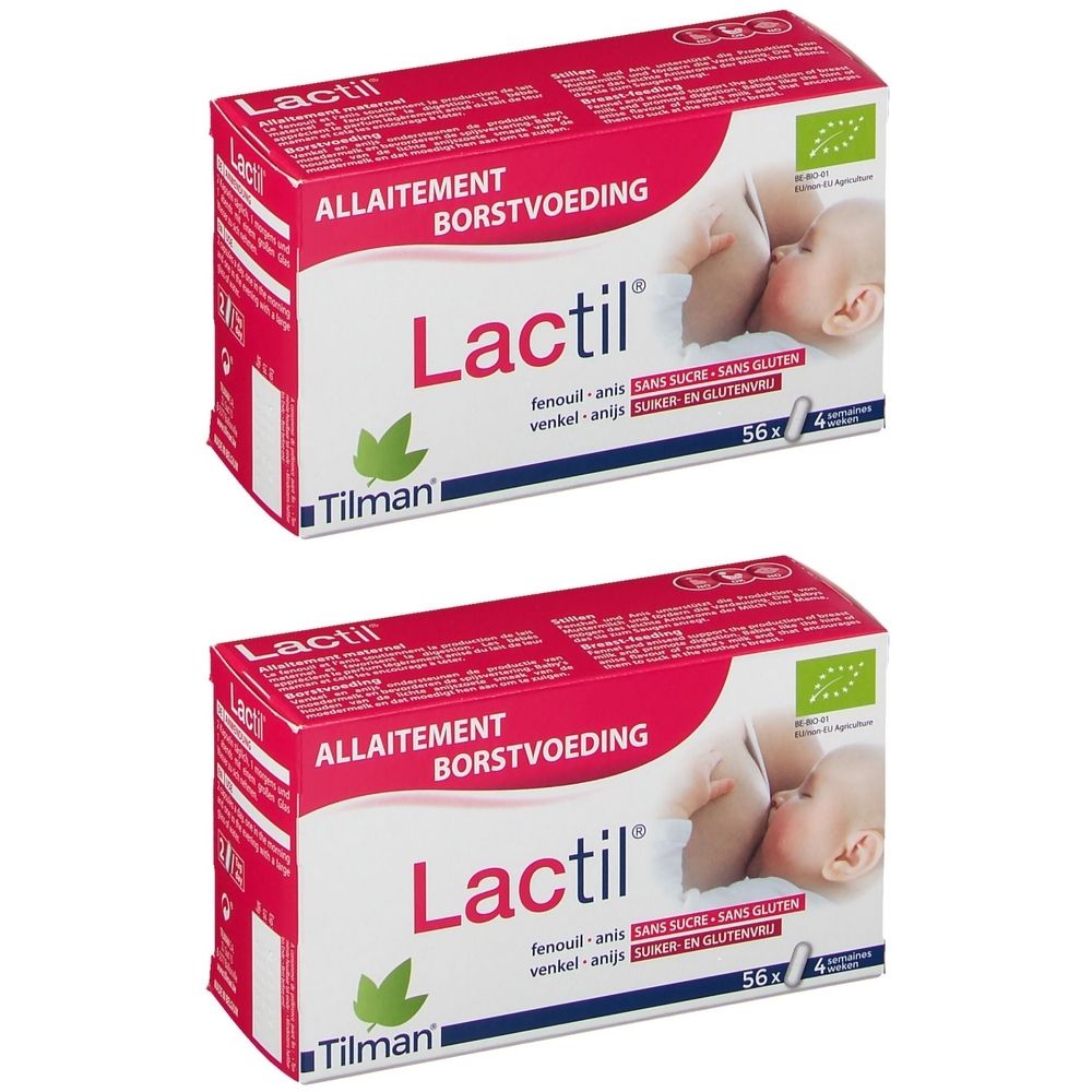 Twee verpakkingen Lactil. Rode en witte dozen met productnaam en afbeelding van een baby die borstvoeding krijgt. Tekst: ALLAITEMENT BORSTVOEDING.