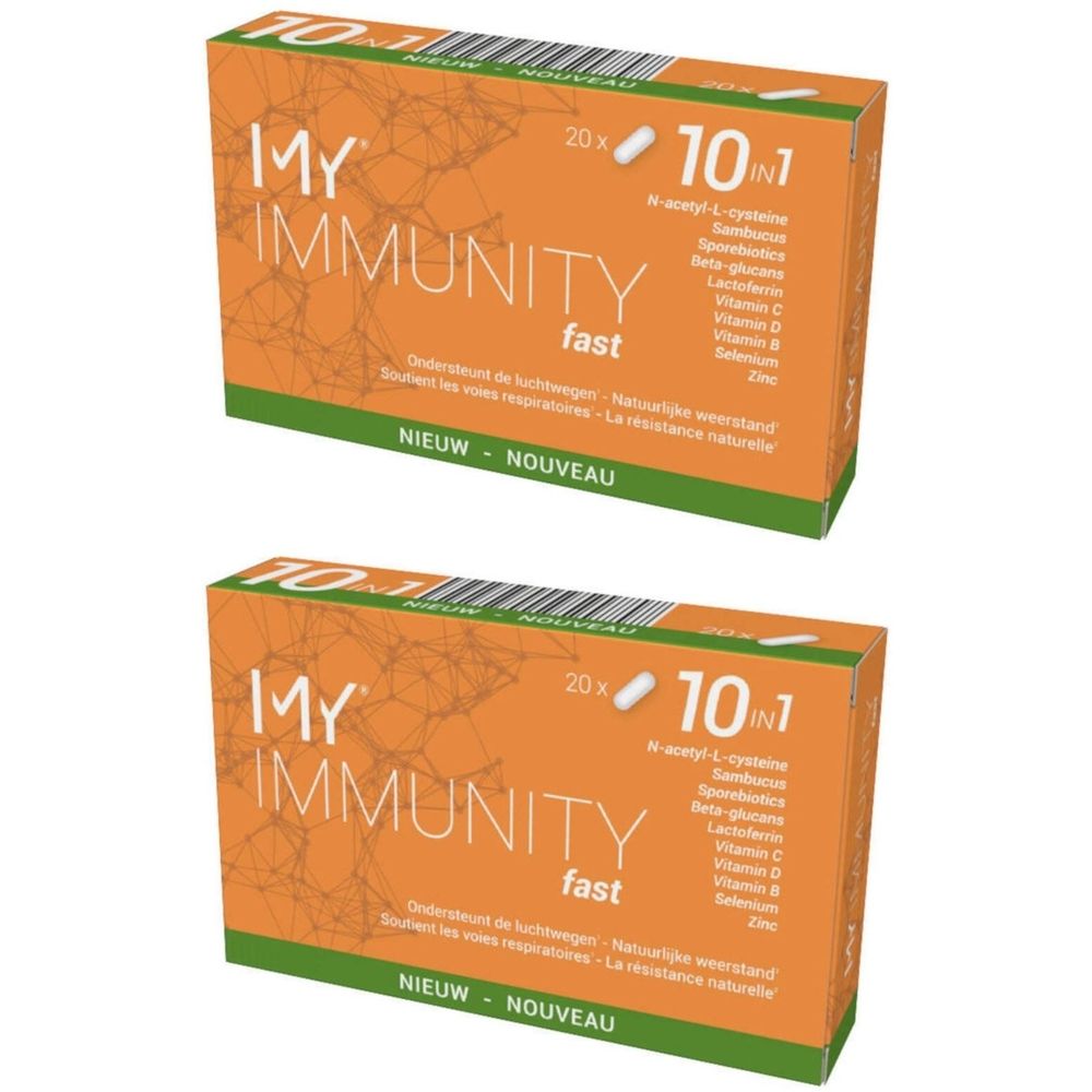 Twee oranje dozen met "MY IMMUNITY fast". Bevat 10 in 1 ingrediënten. Opschrift "NIEUW - NOUVEAU".