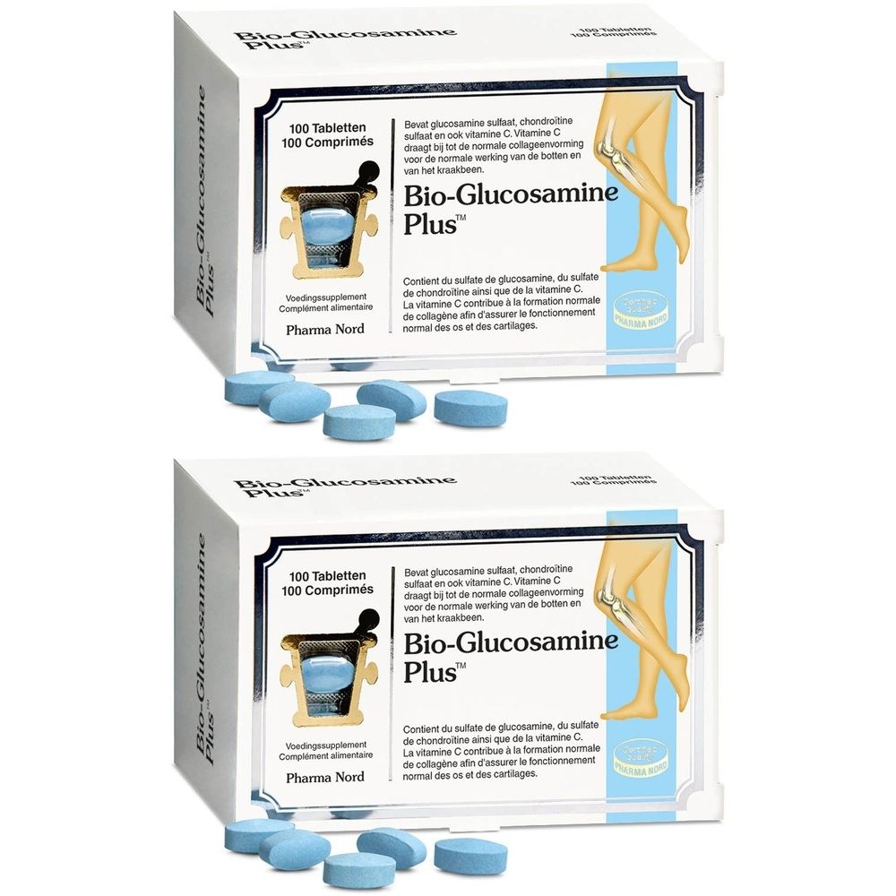 Twee dozen Bio-Glucosamine Plus met blauwe tabletten. Opschrift: Pharma Nord, 100 tabletten. Illustratie van een been.