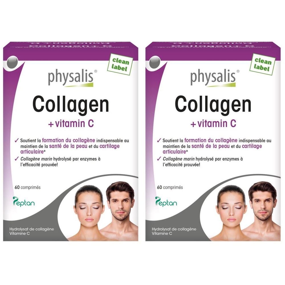 Deux boîtes de Physalis Collagen + vitamine C. Boîtes blanches avec accents violets. Texte: Collagen + vitamine C, 60 comprimés, Peptan.