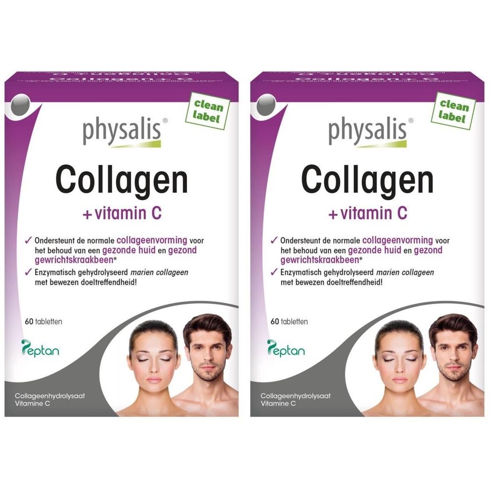Twee verpakkingen Physalis Collagen + vitamine C. Witte dozen met paarse accenten. Tekst: Collagen + vitamine C, 60 tabletten, Peptan.
