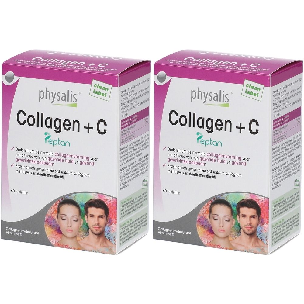 Deux boîtes de Physalis Collagen + C. Inscription: Collagen + C, Peptan, 60 comprimés. Illustration de visages.