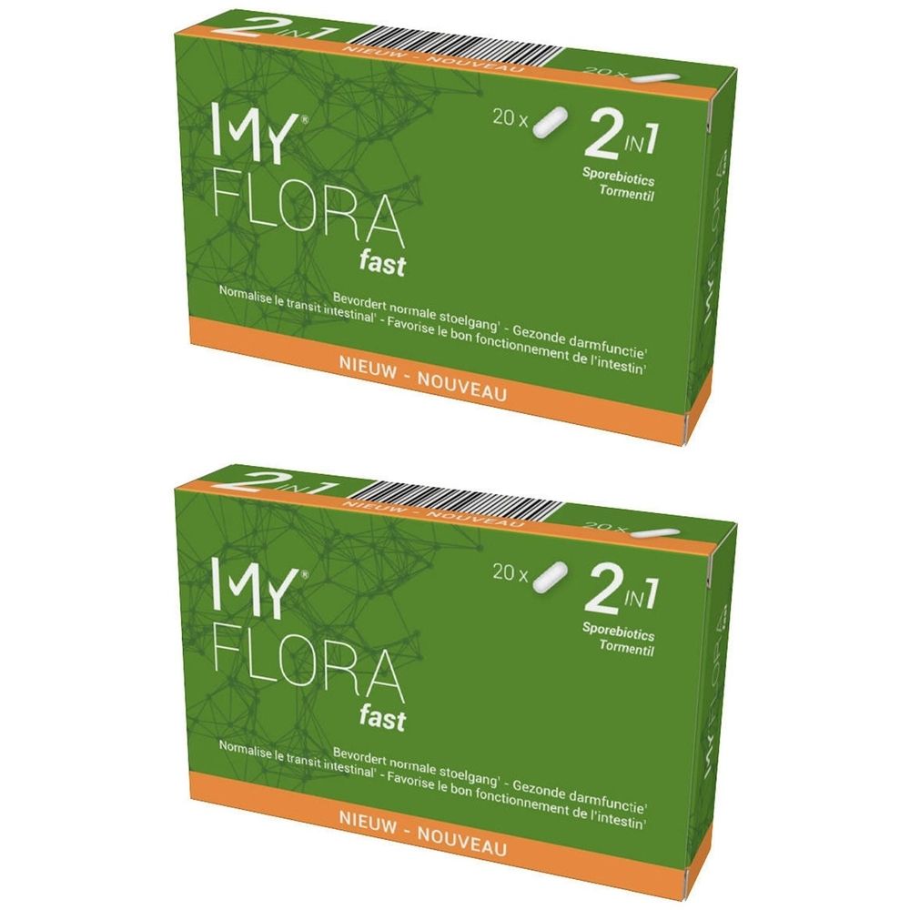 Twee groene dozen met "MY FLORA fast". Elke doos toont "20x 2in1". Nieuw-Nouveau.