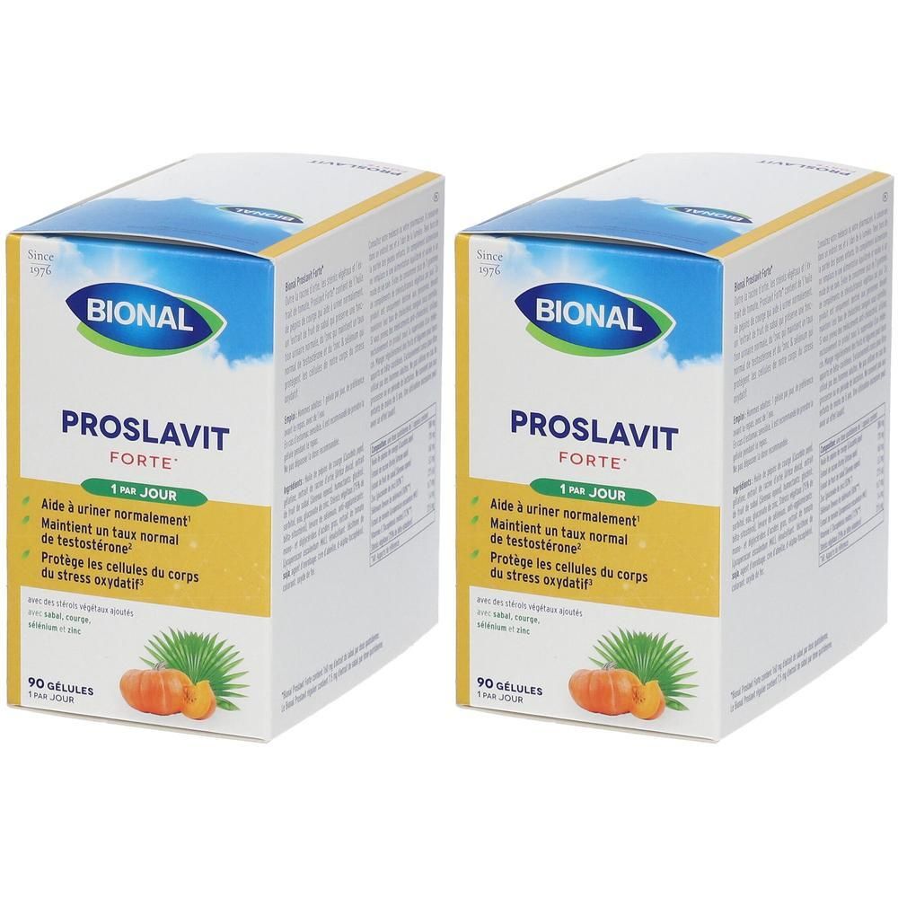 Twee dozen Bional Proslavit Forte. Gele verpakking met productnaam en informatie. Illustratie van pompoen.