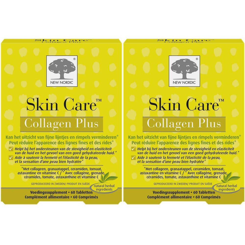 Deux boîtes jaunes Skin Care Collagen Plus. Contient 60 comprimés. Logo New Nordic.